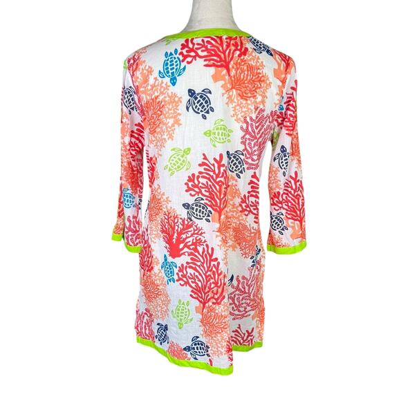 Peppermint Bay Colorful Orange Coral & Turtle Print Tunic Beach Swim Coverup - Picture 3 of 10